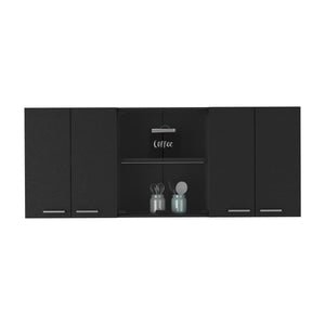 English Elm Superior Wall Cabinet Peoria with Four Shelves, Glass Center Doors, Metal Handles, Durable Design Black B092123036