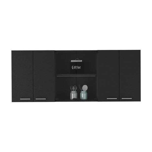 English Elm Superior Wall Cabinet Peoria with Four Shelves, Glass Center Doors, Metal Handles, Durable Design Black B092123036