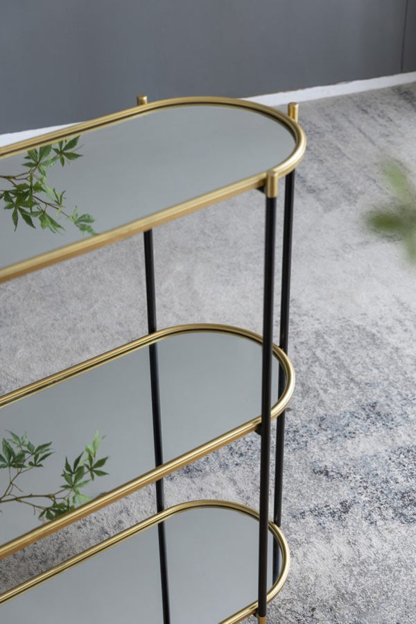 English Elm 48.5x16.5x50" 3-tier Iron Console Table Mirrored Shelves Gold Rim Glam Entryway W2078125787