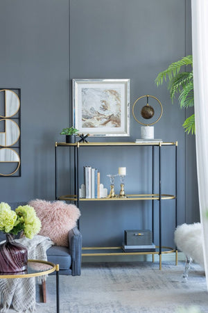 English Elm 48.5x16.5x50" 3-tier Iron Console Table Mirrored Shelves Gold Rim Glam Entryway W2078125787