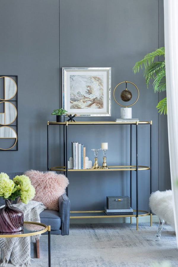 English Elm 48.5x16.5x50" 3-tier Iron Console Table Mirrored Shelves Gold Rim Glam Entryway W2078125787