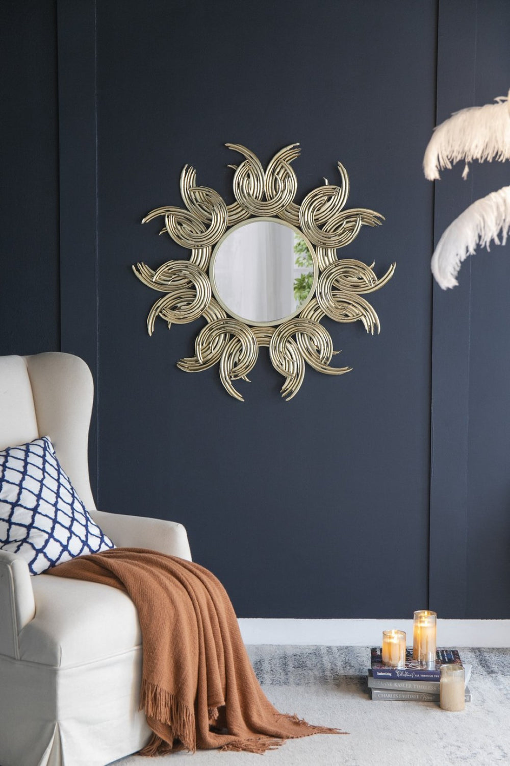 English Elm 38" Gold Iron Sunburst Wall Mirror Bohemian Sculptural Sun Rays Entryway Decor W2078124327