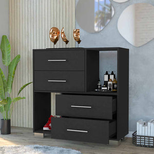 English Elm Dresser Hetzs Black Wengue Finish with 4 Drawers, 2 Open Shelves, Metal Handles, Durable Particle Board B092123108