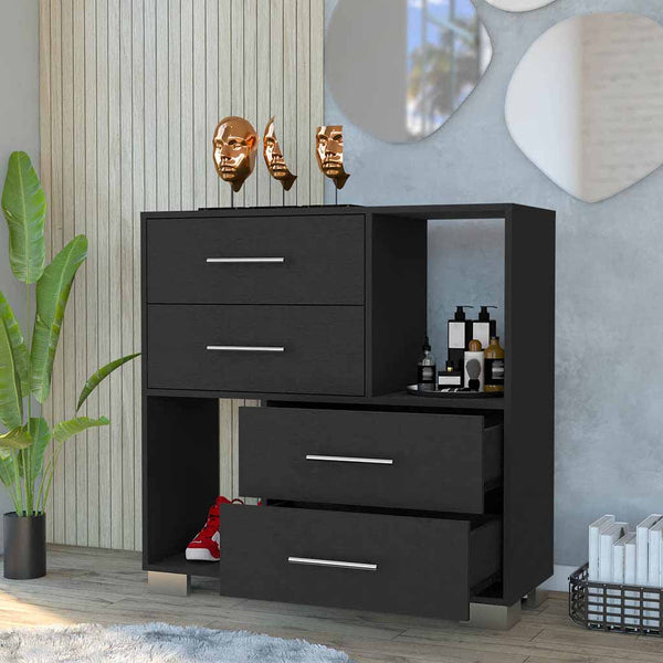 English Elm Dresser Hetzs Black Wengue Finish with 4 Drawers, 2 Open Shelves, Metal Handles, Durable Particle Board B092123108