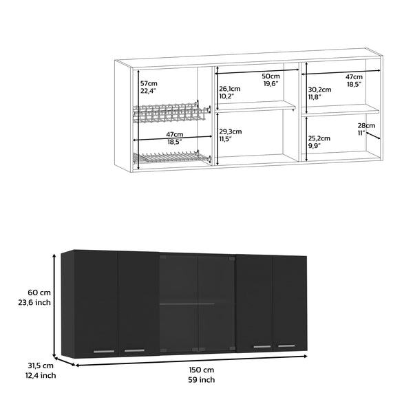 English Elm Superior Wall Cabinet Peoria with Four Shelves, Glass Center Doors, Metal Handles, Durable Design Black B092123036