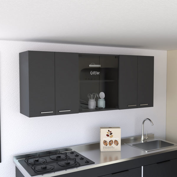 English Elm Superior Wall Cabinet Peoria with Four Shelves, Glass Center Doors, Metal Handles, Durable Design Black B092123036