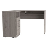 English Elm L-Shaped Desk Bradford, Keyboard Shelf, Light Gray Finish