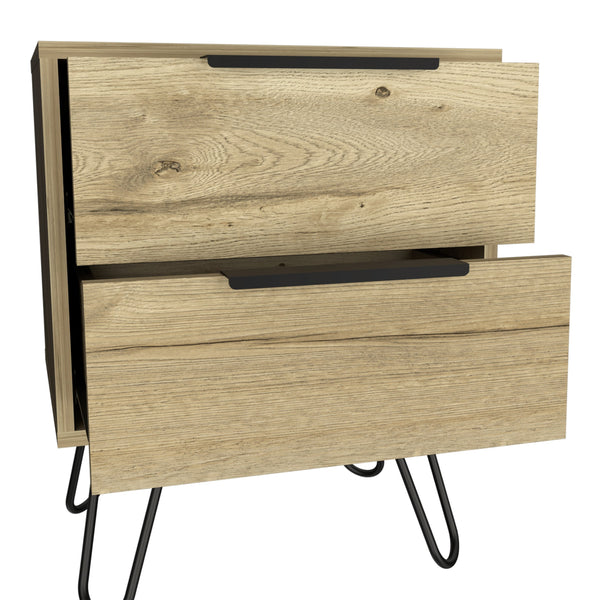 English Elm Nightstand Skyoner 2 - Modern Light Oak Design With Hairpin Legs & 2 Drawers For Stylish Storage B092123072