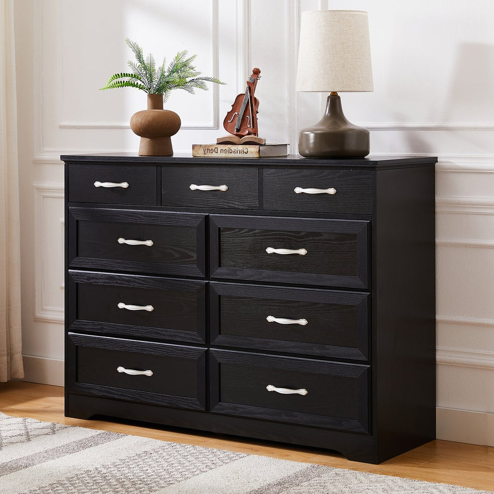 English Elm Bedroom 9-Drawer Long Dresser with Antique Handles - Spacious Wood Chest for Hallway, Kids Room, Entryway Black W1162141860