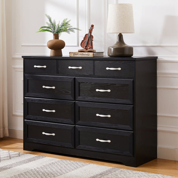 English Elm Bedroom 9-Drawer Long Dresser with Antique Handles - Spacious Wood Chest for Hallway, Kids Room, Entryway Black W1162141860