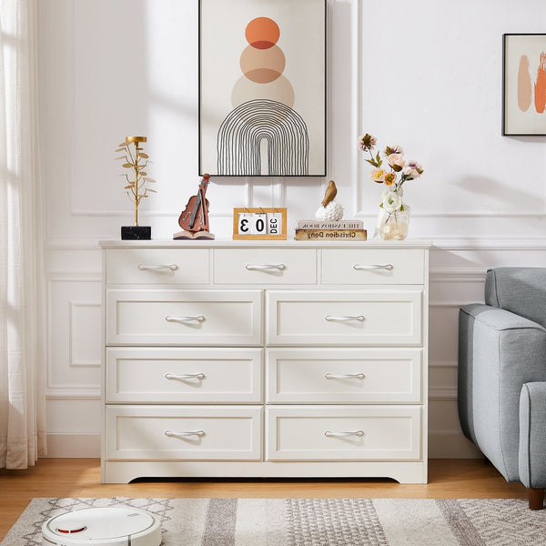 English Elm Bedroom 9-Drawer Long Dresser with Antique Handles - Spacious Wood Chest for Hallway, Kids Room, Entryway White W1162141855