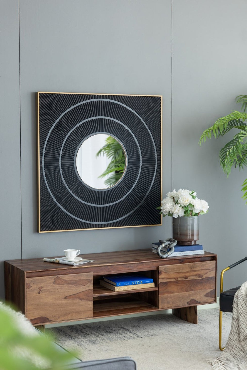 English Elm 40" Square Carved Pleated Wall Mirror Gold Iron Frame Sculptural Living Room Accent Black W2078126758