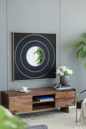 English Elm 40" Square Carved Pleated Wall Mirror Gold Iron Frame Sculptural Living Room Accent Black W2078126758