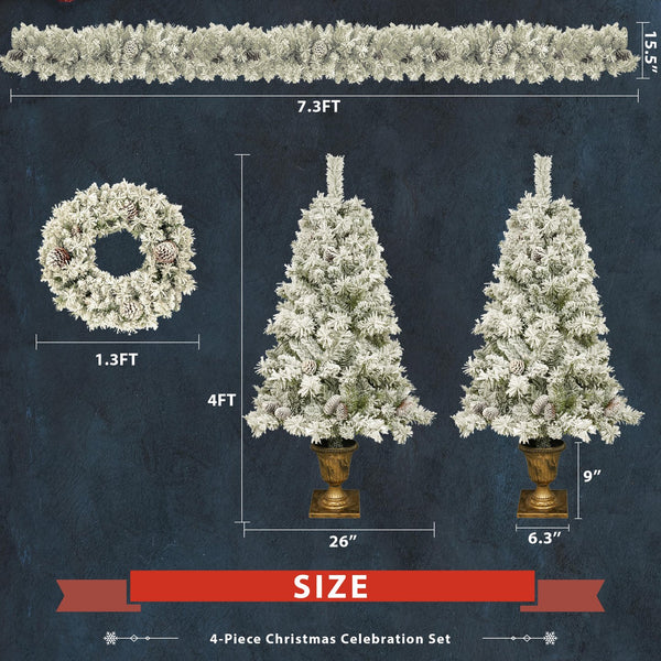 English Elm Pre-lit 7ft Artificial Christmas Set with 325 Warm LED Lights, Garland, Wreath & 2 Entry Trees (Flame‑Resistant) PX307760AAF
