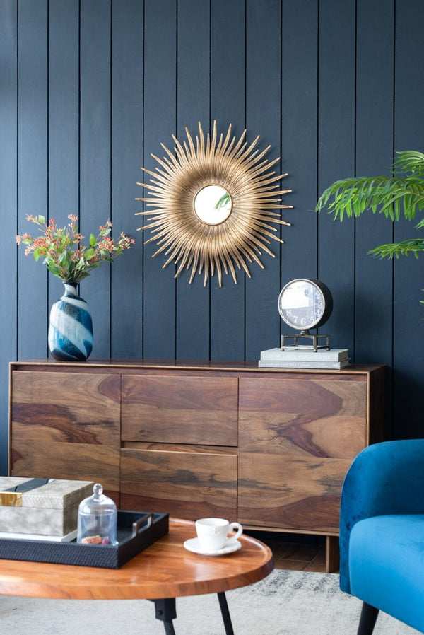 English Elm 28.3" Sunburst Wall Mirror Gold Iron Rays Mid-century Glam Accent for Any Room W2078124328