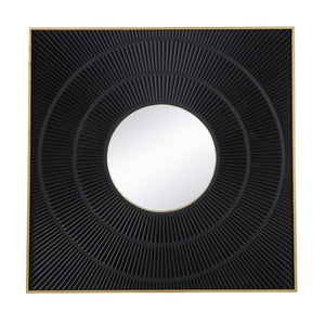 English Elm 40" Square Carved Pleated Wall Mirror Gold Iron Frame Sculptural Living Room Accent Black W2078126758