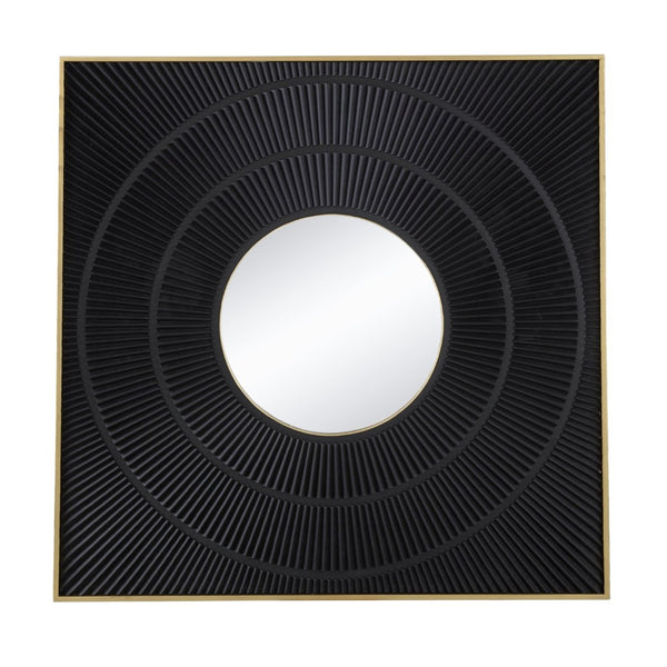 English Elm 40" Square Carved Pleated Wall Mirror Gold Iron Frame Sculptural Living Room Accent Black W2078126758