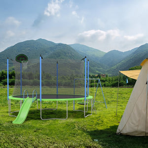 English Elm 12ft Backyard Trampoline with Slide Swings Basketball Hoop and Safety Enclosure Net W285S00019