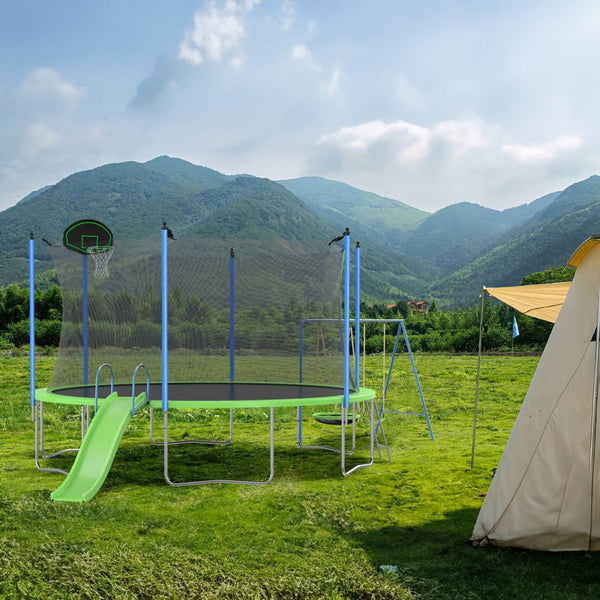 English Elm 12ft Backyard Trampoline with Slide Swings Basketball Hoop and Safety Enclosure Net W285S00019