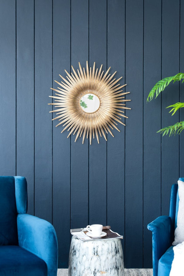 English Elm 28.3" Sunburst Wall Mirror Gold Iron Rays Mid-century Glam Accent for Any Room W2078124328