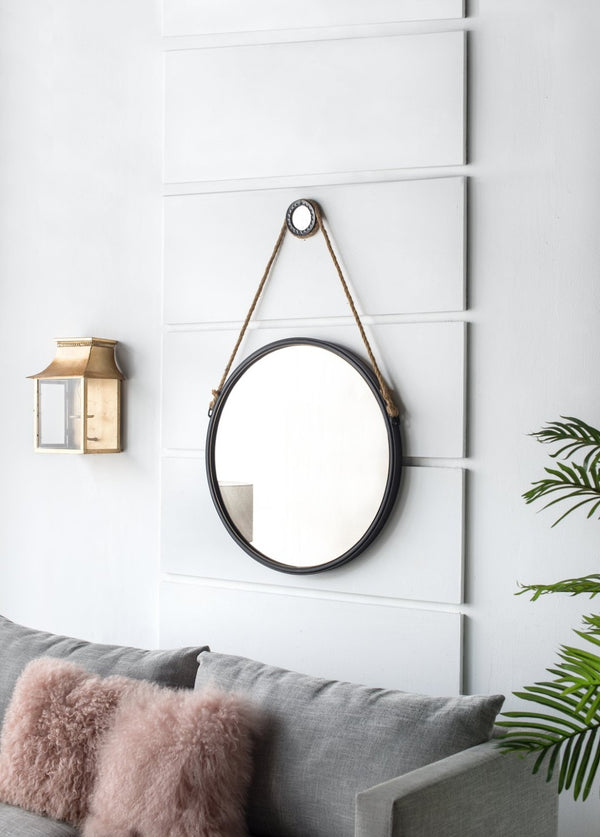 English Elm 29.5" Round Wall Mirror Black Iron Frame Rope Strap Industrial Minimalist Bathroom Decor W2078124368
