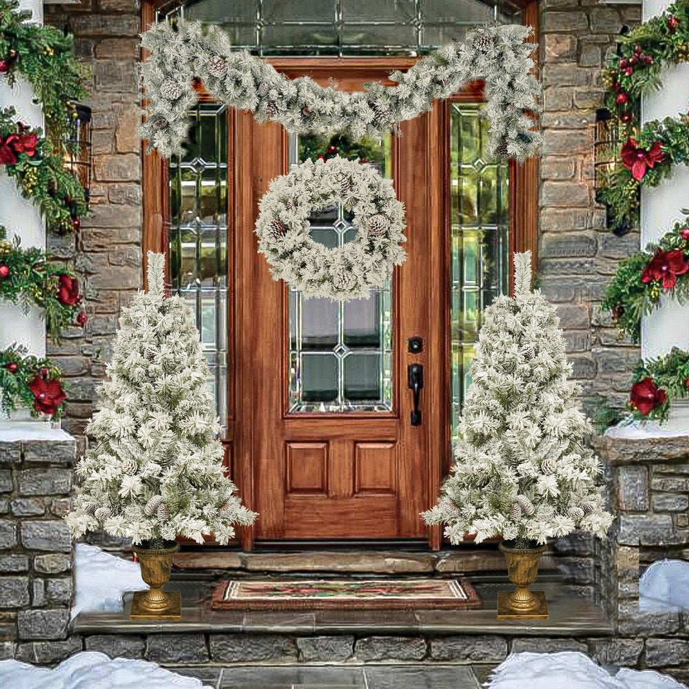 English Elm Pre-lit 7ft Artificial Christmas Set with 325 Warm LED Lights, Garland, Wreath & 2 Entry Trees (Flame‑Resistant) PX307760AAF