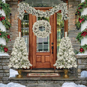 English Elm Pre-lit 7ft Artificial Christmas Set with 325 Warm LED Lights, Garland, Wreath & 2 Entry Trees (Flame‑Resistant) PX307760AAF