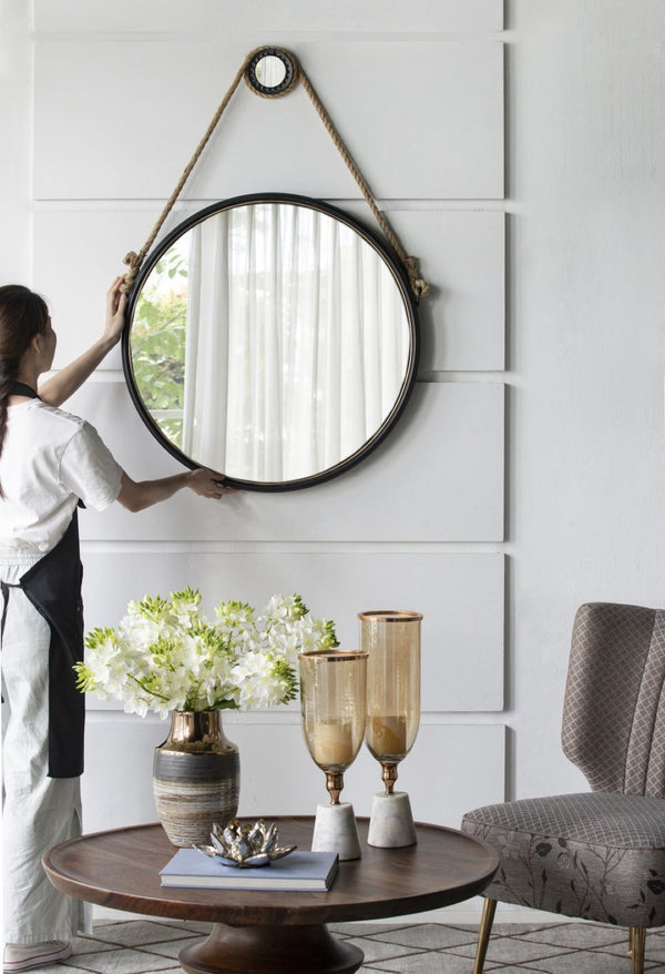 English Elm 29.5" Round Wall Mirror Black Iron Frame Rope Strap Industrial Minimalist Bathroom Decor W2078124368
