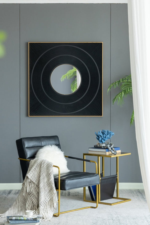 English Elm 40" Square Carved Pleated Wall Mirror Gold Iron Frame Sculptural Living Room Accent Black W2078126758