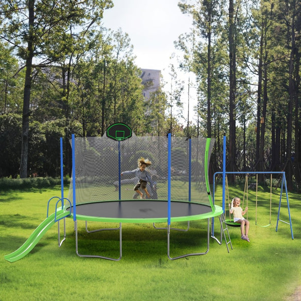 English Elm 14ft Backyard Trampoline Galvanized Steel Frame with Slide Swing Basketball Hoop W285S00023