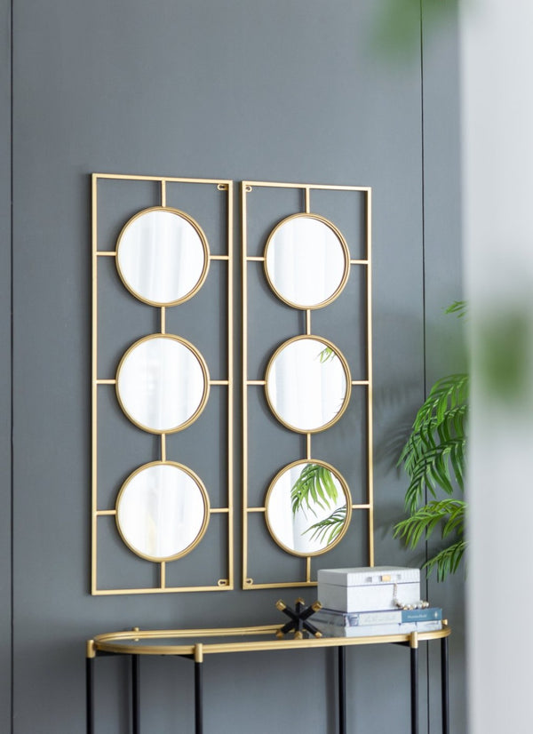 English Elm 3 Convex Triptych Wall Mirrors Gold Iron Frame Art Deco Accent for Living Room W2078124320