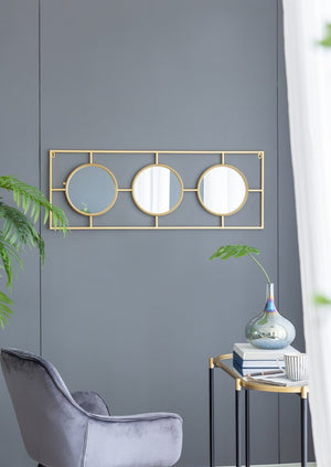 English Elm 3 Convex Triptych Wall Mirrors Gold Iron Frame Art Deco Accent for Living Room W2078124320