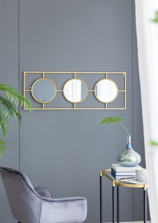 English Elm 3 Convex Triptych Wall Mirrors Gold Iron Frame Art Deco Accent for Living Room W2078124320