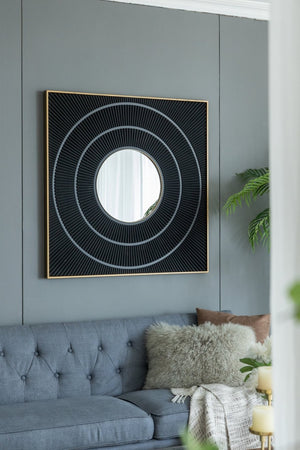 English Elm 40" Square Carved Pleated Wall Mirror Gold Iron Frame Sculptural Living Room Accent Black W2078126758