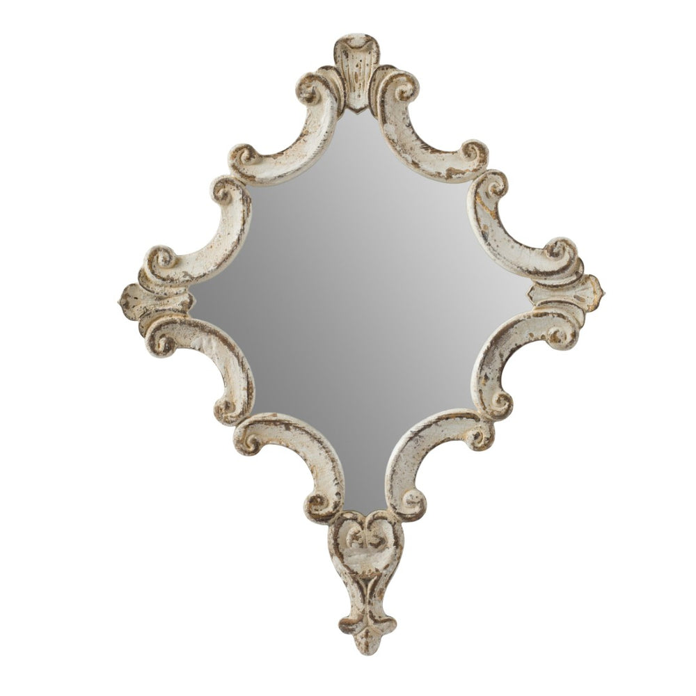 English Elm 30" Diamond Scrollwork Wall Mirror Distressed White Wood Frame Vintage Entryway Accent W2078124361