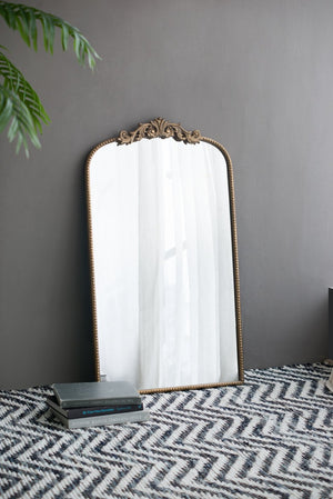 English Elm 24" Arched Matte Gold Iron Mirror Baroque Floral Frame Accent for Bedroom Bath W2078123592