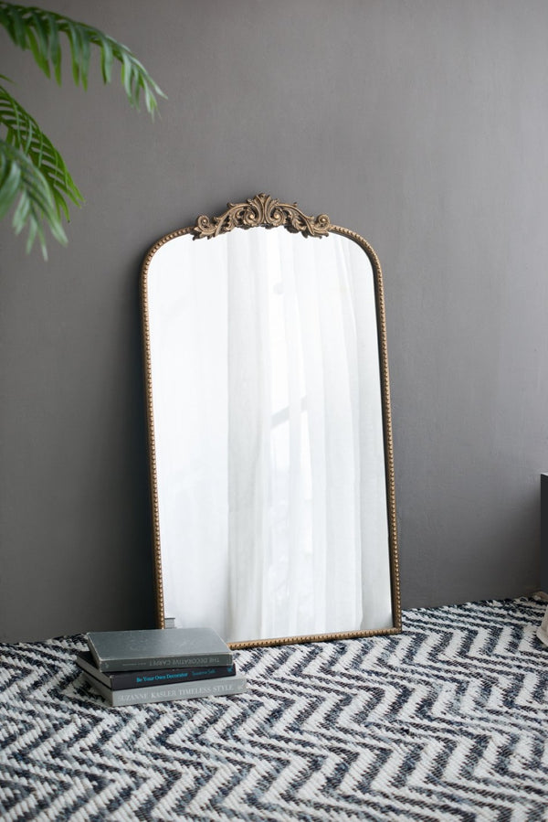 English Elm 24" Arched Matte Gold Iron Mirror Baroque Floral Frame Accent for Bedroom Bath W2078123592