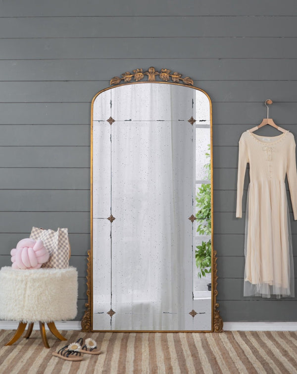 English Elm 76" Arched Full Length Floor Mirror Antique Gold Iron Frame Freestanding Bedroom Accent W2078124335
