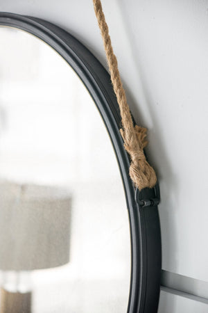 English Elm 29.5" Round Wall Mirror Black Iron Frame Rope Strap Industrial Minimalist Bathroom Decor W2078124368