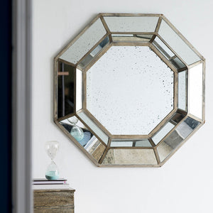 English Elm 40" Octagon Wall Mirror Distressed Silver Mdf Frame Mid-century Modern Living Room W2078124350