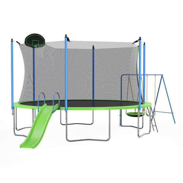 English Elm 12ft Backyard Trampoline with Slide Swings Basketball Hoop and Safety Enclosure Net W285S00022