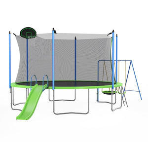 English Elm 12ft Backyard Trampoline with Slide Swings Basketball Hoop and Safety Enclosure Net W285S00019
