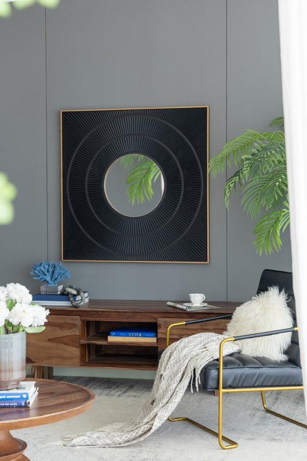 English Elm 40" Square Carved Pleated Wall Mirror Gold Iron Frame Sculptural Living Room Accent Black W2078126758