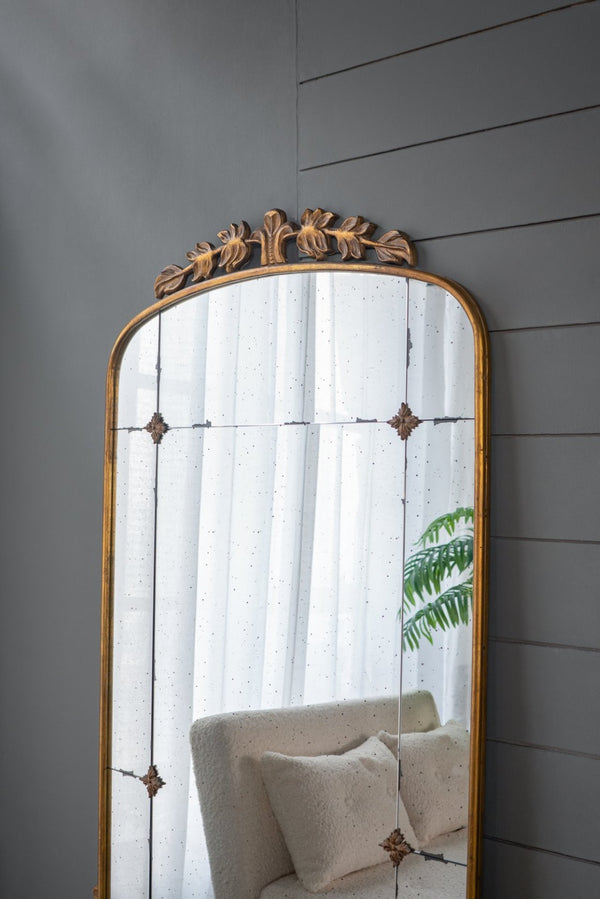 English Elm 76" Arched Full Length Floor Mirror Antique Gold Iron Frame Freestanding Bedroom Accent W2078124335