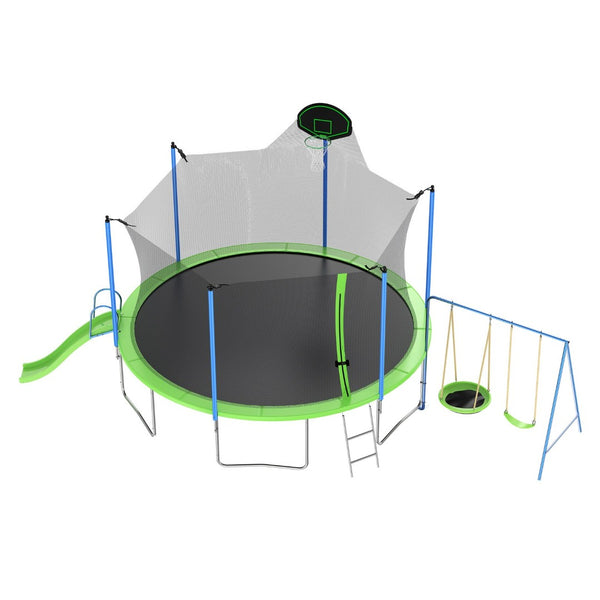 English Elm 12ft Backyard Trampoline with Slide Swings Basketball Hoop and Safety Enclosure Net W285S00022
