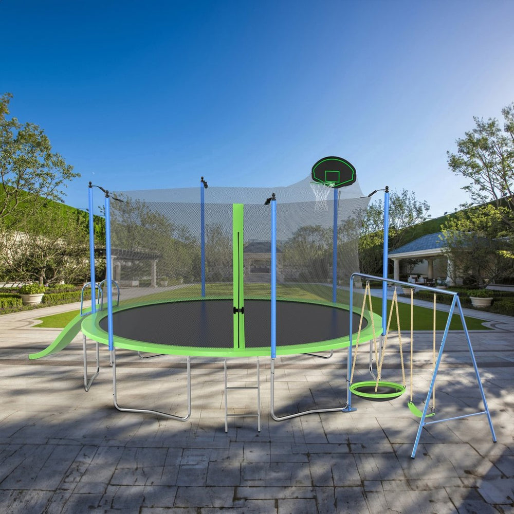 English Elm 14ft Backyard Trampoline Galvanized Steel Frame with Slide Swing Basketball Hoop W285S00023