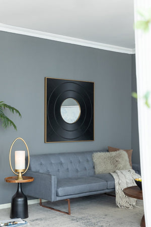 English Elm 40" Square Carved Pleated Wall Mirror Gold Iron Frame Sculptural Living Room Accent Black W2078126758