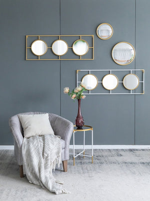 English Elm 3 Convex Triptych Wall Mirrors Gold Iron Frame Art Deco Accent for Living Room W2078124320