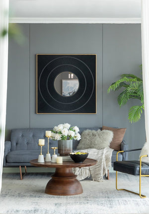 English Elm 40" Square Carved Pleated Wall Mirror Gold Iron Frame Sculptural Living Room Accent Black W2078126758