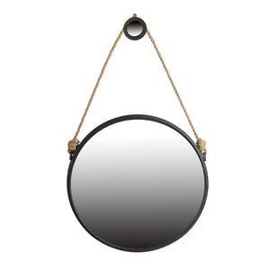 English Elm 29.5" Round Wall Mirror Black Iron Frame Rope Strap Industrial Minimalist Bathroom Decor W2078124368